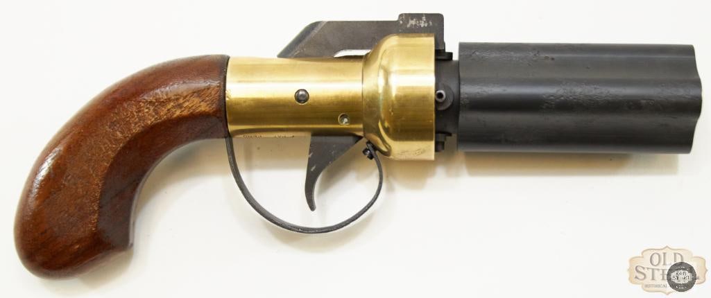CMC Pepperbox Revolver - .36cal Black Powder: For this lot we have a black powder .36cal, 4 barrel pepperboc revolver from CMC. The action cycles though the trigger pull is quite hefty. In overall good condition but the barrels seem to have been 