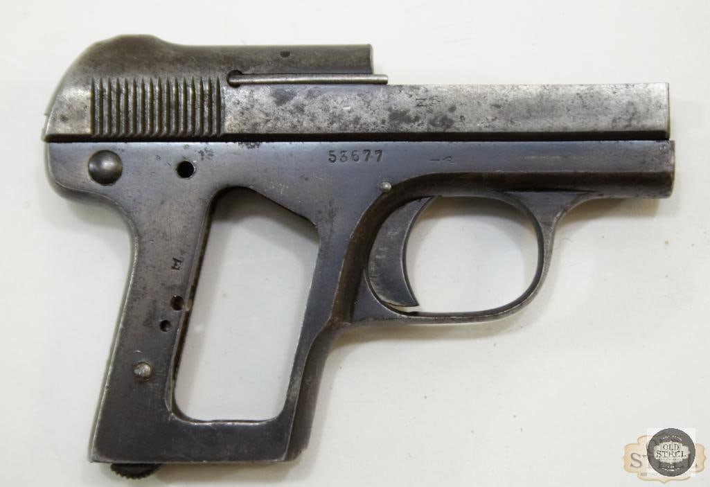 Haenel Suhl Model 25 Pocket Pistol Frame and Slide - .25 ACP: Next in line is this Haenel Suhl Model 25 Pocket pistol frame and slide. The side features the extractor assembly, and the frame has the safety and magazine release assemblies, as well as the trigger.