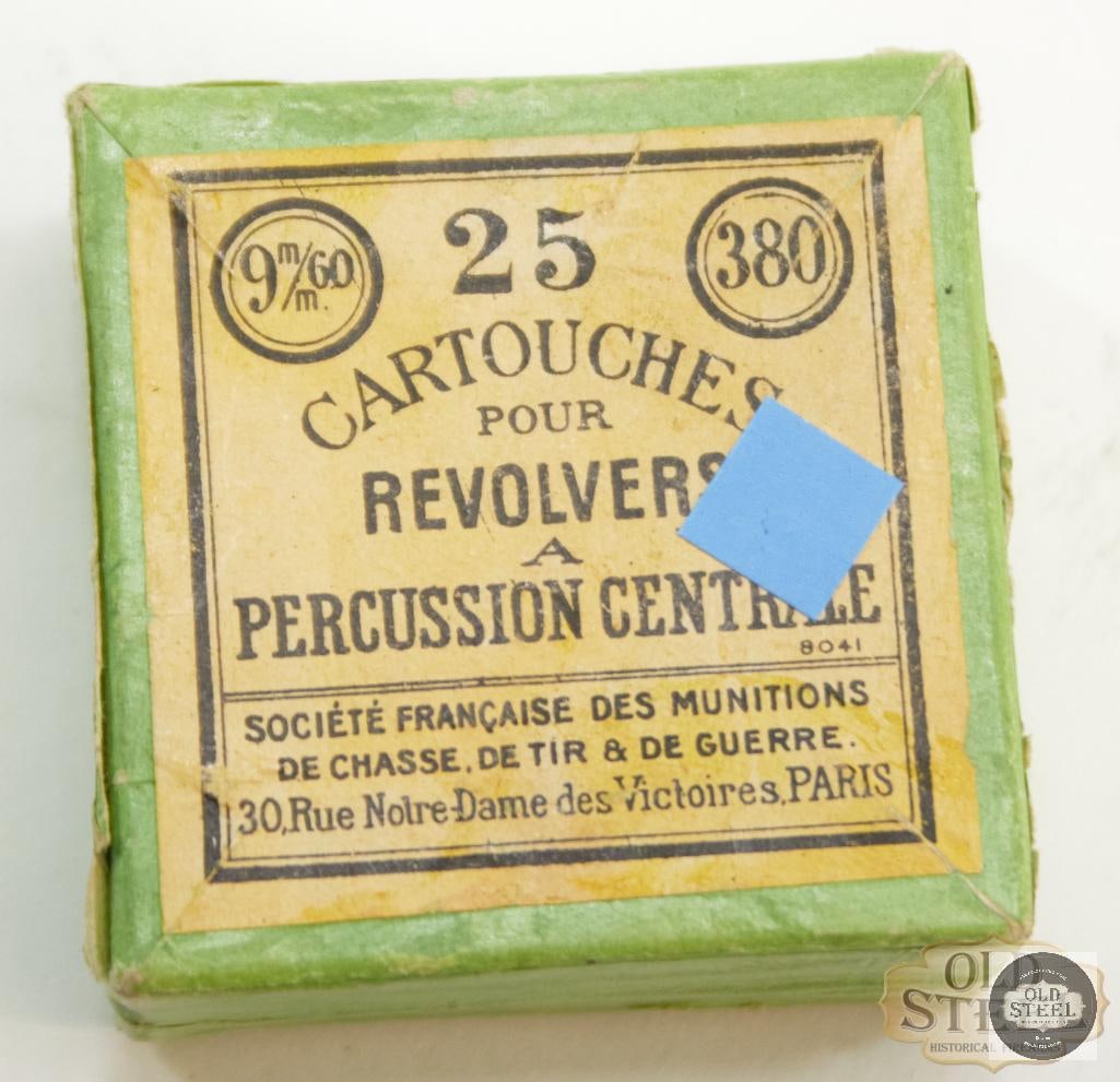 French .380 Revolver Ammunition - Vintage: Vintage box of French 380 black powder revolver ammunition. 25 cartridges. THIS ITEM IS AS PICTURED WITH NO FURTHER ATTACHMENTS. ALL SALES ARE FINAL.