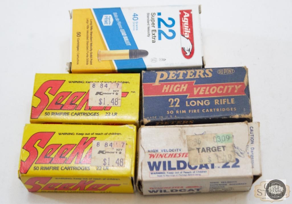 200rds .22LR Assorted Ammunition: Box of Aguila Super Extra 40gr 50gr. Box of Peters High Velocity 50rds. Two boxes Seeker 95rds. Box of Winchester Wildcat 22 10rds. THIS ITEM IS AS