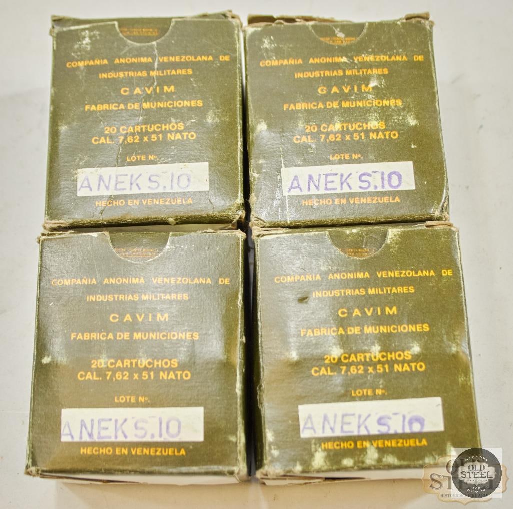 80rds 7.62x51 Ammunition: Four boxes of Venezuelan 7.62x51mm ammunition. THIS ITEM IS AS PICTURED WITH NO FURTHER ATTACHMENTS. ALL SALES ARE FINAL. PLEASE REFER TO THE AUCTION