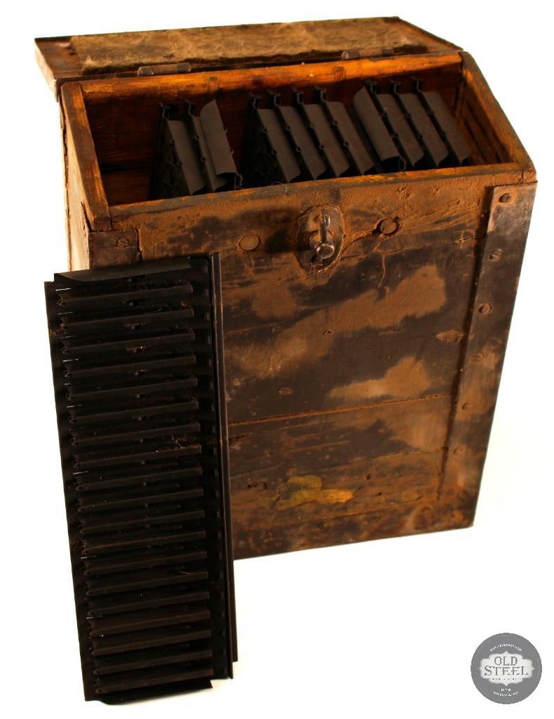 Box of 20-Round Cartridge Clips for the Breda Modello 37: For this lot we have an original WWII Italian ammo storage box designed for the Breda Modello 37, and 12 of the associated cartridge clips for that machine gun. The box is in operable condition and ca