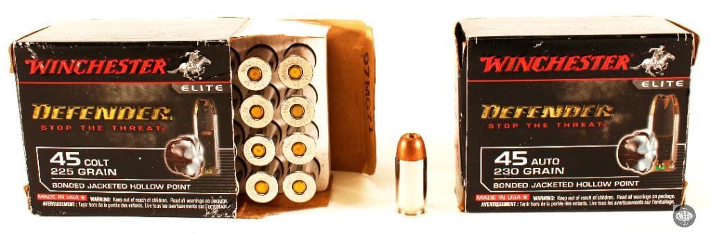 2x Boxes of Winchester Defender Elite .45ACP Ammo - 230gr - 40 Rounds: Up for auction are two boxes of Winchester Defender Elite .45ACP Ammo. 230gr JHP projectiles. 40 Rounds total. THIS ITEM IS AS PICTURED WITH NO FURTHE