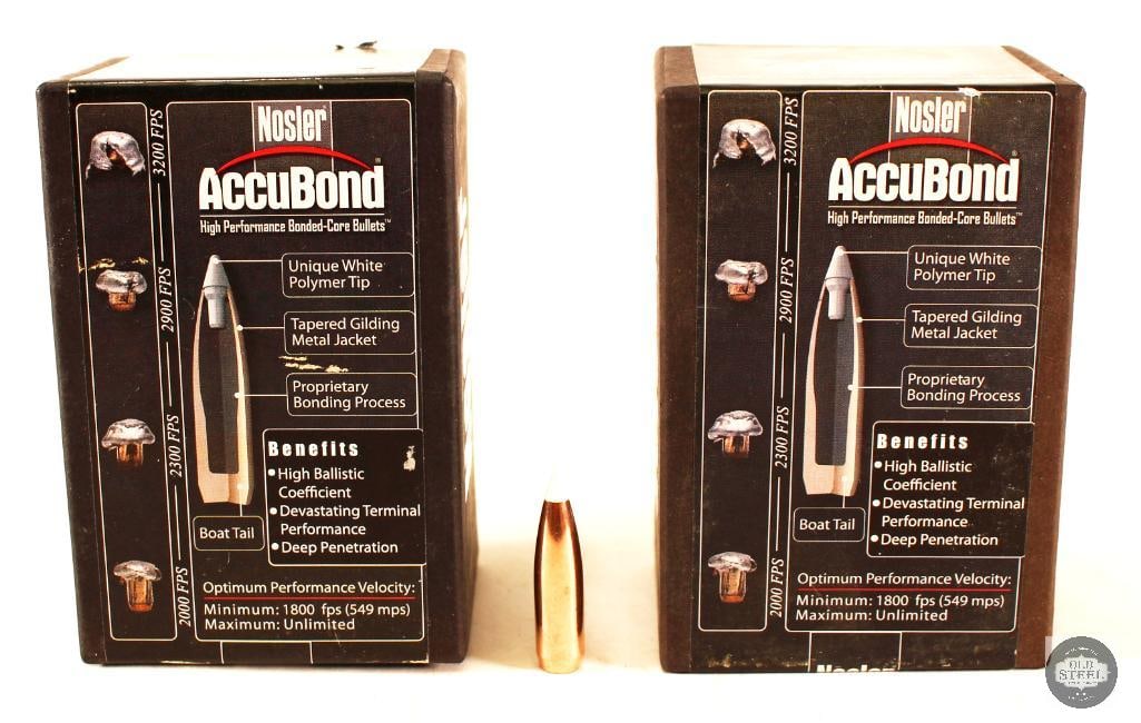 2x Boxes of Nosler AccuBond Projectiles - .308 165gr - 6.5mm 140gr - 100 Projectiles: Offered here are two boxes of Nosler AccuBond projectiles in both .308 and 6.5mm. The .308 projectiles are 165gr, while the 6.5 are 140gr. 50 projectiles per box. 