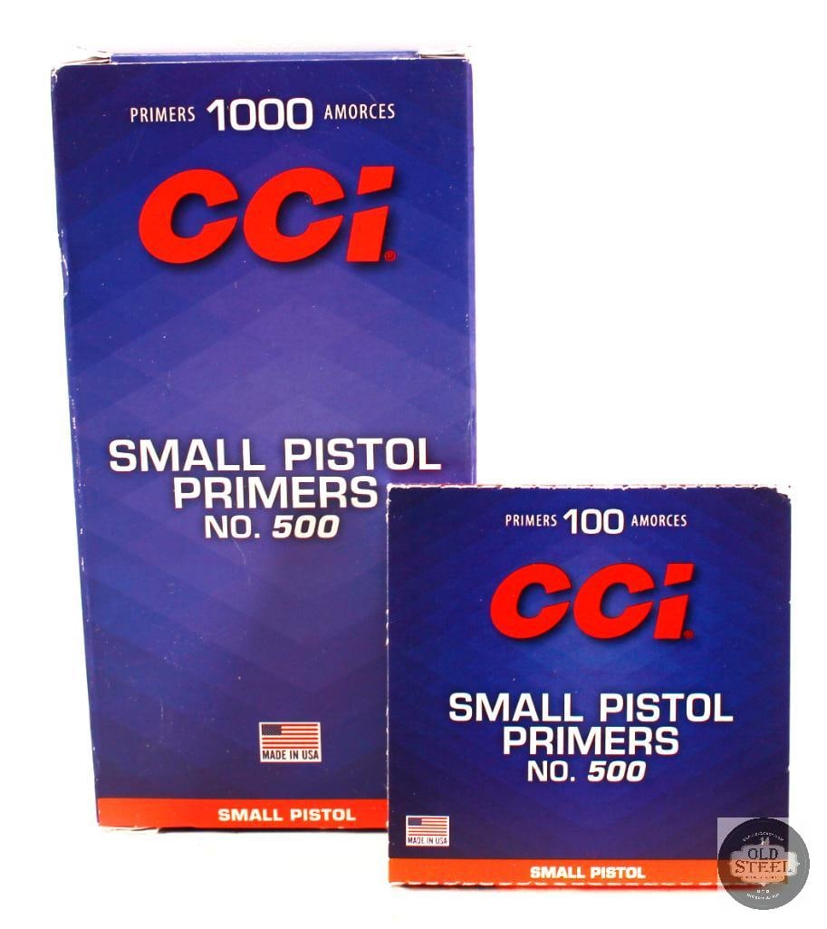 1000ct. Small Pistol Primers No.500 from CCI: Here we have a 1000ct. box of CCI No.500 small pistol primers. THIS ITEM IS AS PICTURED WITH NO FURTHER ATTACHMENTS. ALL SALES ARE FINAL. PLEASE REFER