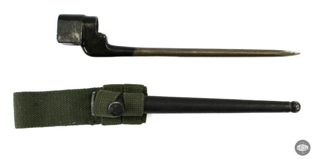 Enfield No.4 MkII Spike Bayonet and Scabbard: Another bayonet is offered here, this one being an Enfield No.4 MkII spike bayonet with its accompanying scabbard and belt frog. The bayonet itself is in great condition and is still preserved in cosm