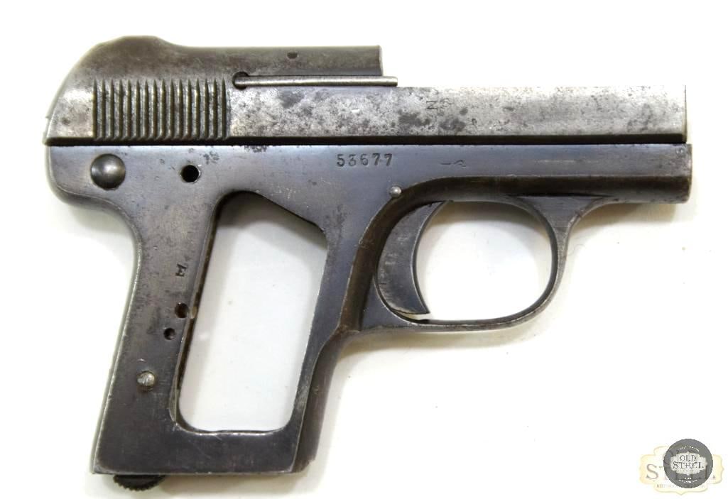 Haenel Suhl Model 25 Pocket Pistol Frame and Slide - .25 ACP: Next in line is this Haenel Suhl Model 25 Pocket pistol frame and slide. The side features the extractor assembly, and the frame has the safety and magazine release assemblies, as well as the trigger.