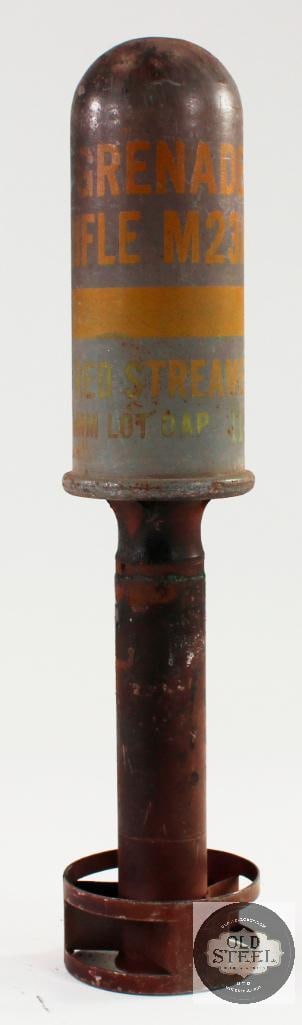 M23A1 Signal Rifle Grenade - Inert - US WWII: Inert US Signal rifle grenade M23A1 red streamer variant. THIS ITEM IS AS PICTURED WITH NO FURTHER ATTACHMENTS. ALL SALES ARE FINAL. PLEASE REFE