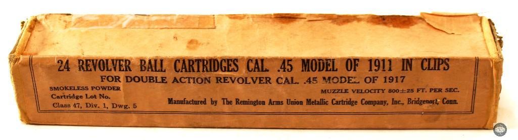 Box of Remington UMC .45 Model of 1911 in Clips Ammunition 24rds: Box of 45 Auto ammunition by Remington Arms Union Metallic Cartridge Company. 24rds in half moon clips, these 45 Model of 1911 rounds are designated for the double action revolver Model of 1917. 