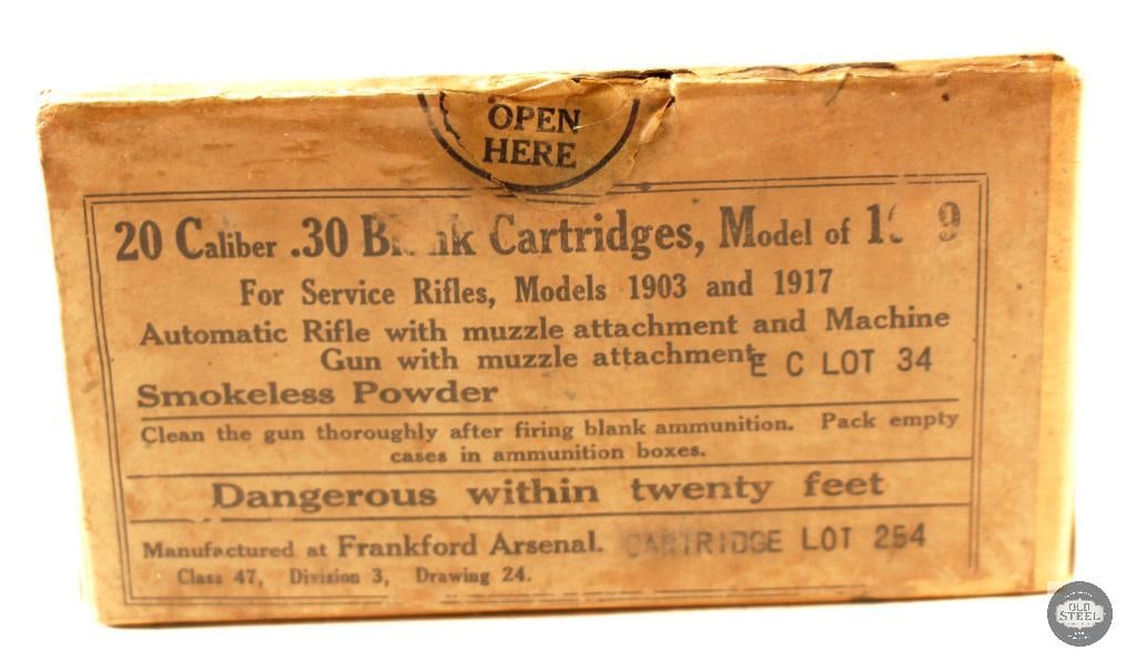Model of 1909 30-06 SPRG Blanks for 1903 Rifle 20rds: Box of Frankford Arsenal .30-06 SPRG blank ammunition. THIS ITEM IS AS PICTURED WITH NO FURTHER ATTACHMENTS. ALL SALES ARE FINAL. PLEASE REFER T