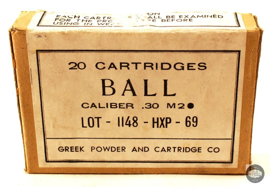 20rds M2 Ball 30-06 SPRG Ammunition: Open box of Greek Powder and Cartridge Co. M2 ball 30-06 SPRG ammunition. 20rds total. THIS ITEM IS AS PICTURED WITH NO FURTHER ATTACHMENTS. ALL SALES