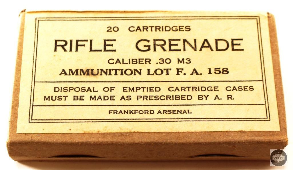 Unopened Box Rifle Grenade Blank M3 Ammunition 30-06 Frankford Arsenal: Frankford arsenal M3 20-06 Rifle Grenade blank rounds. Unopened THIS ITEM IS AS PICTURED WITH NO FURTHER ATTACHMENTS. ALL SALES ARE FINAL. PLEASE REFE
