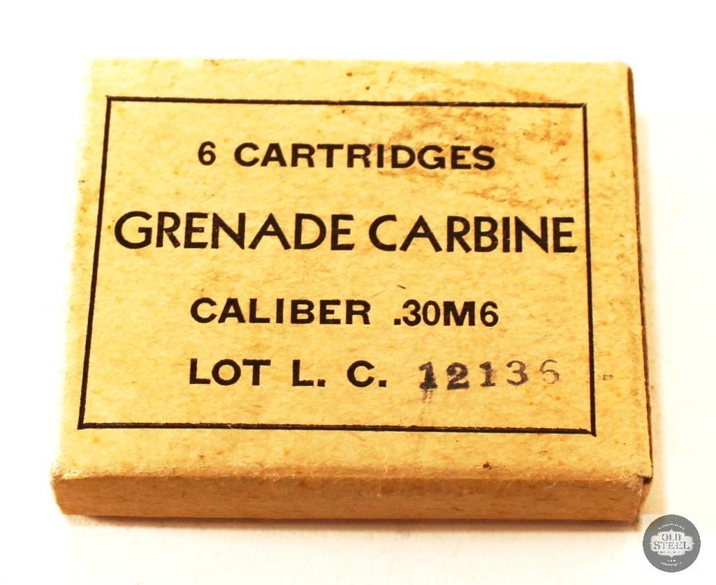 Unopened Caliber .30M6 Grenade Carbine 30 Carbine Blanks: Original unopened pack of M6 30 Carbine rifle grenade blank cartridges. 6rds. THIS ITEM IS AS PICTURED WITH NO FURTHER ATTACHMENTS. ALL SALES AR