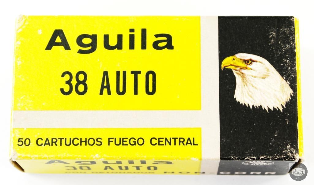 Aguila 38 Auto 130gr Ammunition: 50rd box of Aguila 38 Auto 130gr ball ammunition. THIS ITEM IS AS PICTURED WITH NO FURTHER ATTACHMENTS. ALL SALES ARE FINAL. PLEASE REFER TO THE AUCTI