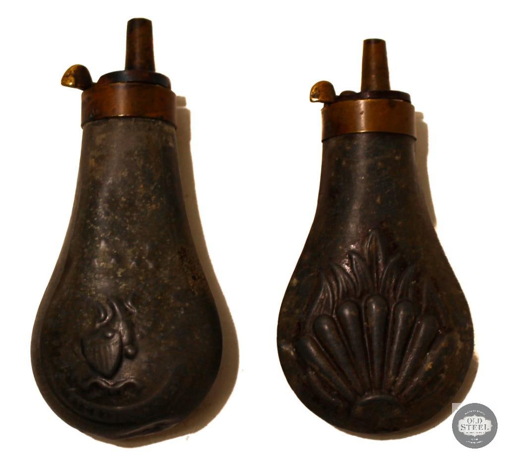 Lot of 2 Antique Small Powder Flasks: Two antique small powder flasks measuring about 4.5 inches long. THIS ITEM IS AS PICTURED WITH NO FURTHER ATTACHMENTS. ALL SALES ARE FINAL. PLEA