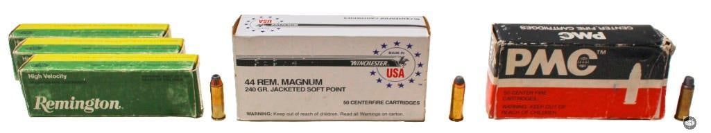 Lot of 5 Boxes 44 Magnum Ammunition 145rds: Winchester White Box 240gr Jacketed Soft Point 50rds 3x Boxes Remington 180gr Semi Jack'd HP 60rds Partial box PMC 240gr Semi Wadcutter lead 35rds with 8rds 44 S&W SPL in box 