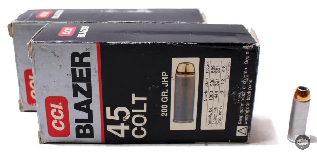 Lot of 2 Boxes CCI Blazer 45 Colt 200gr JHP Ammunition 100rds Aluminum Cased: Lot of 2 Boxes CCI Blazer 45 Colt 200gr JHP Ammunition 100rds Aluminum Cased THIS ITEM IS AS PICTURED WITH NO FURTHER ATTACHMENTS. ALL SALES ARE FINAL