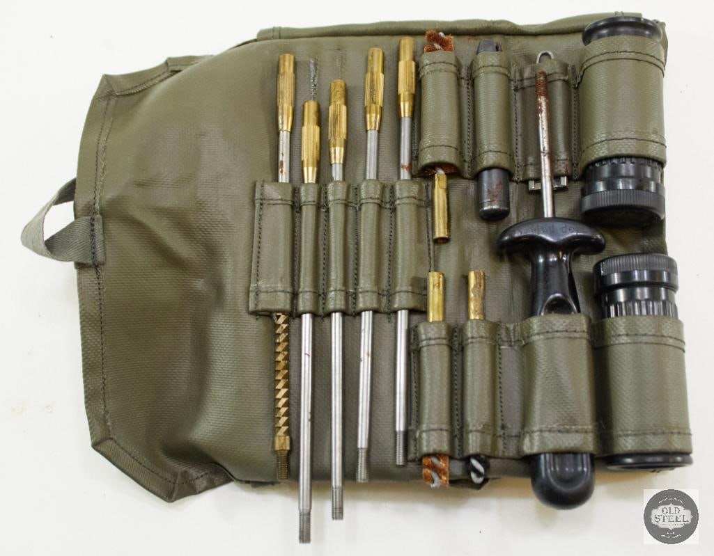 Swiss Schmidt-Rubin K-31 Rifle Cleaning Kit: Next up is this Swiss Army issue K31 rifle cleaning kit, complete with multi-part cleaning rod and various attachments. Rolls up into a nice, compact package and is secured by some canvas ribbons. &nb