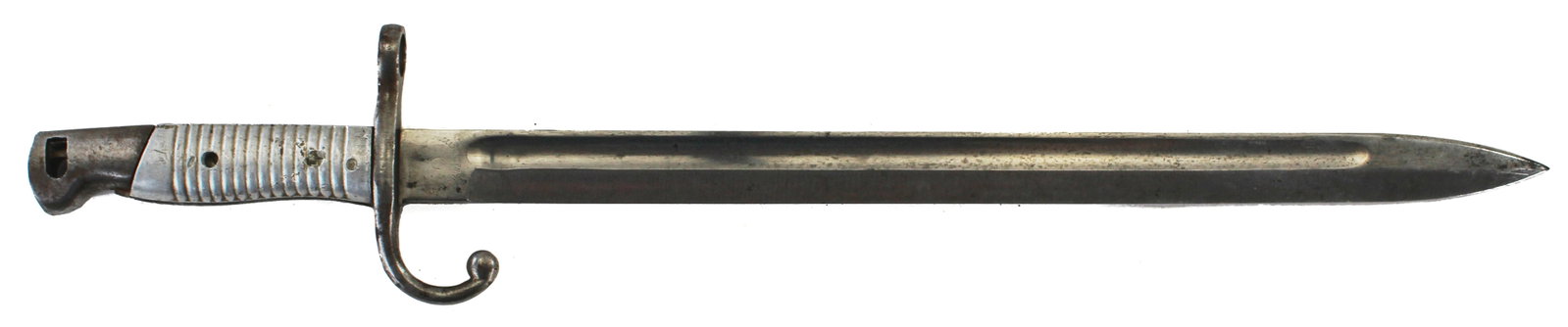 Argentine Mauser M1891 Bayonet with Unground Crest and Aluminum Grips: Argentine Mauser M1891 Bayonet with Unground Crest and Aluminum Grips. No scabbard. Missing release button on hilt. THIS ITEM IS AS PICTURED WITH NO F