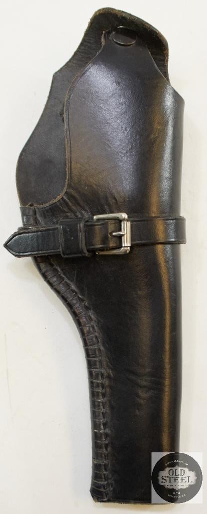 Unmarked Revolver Holster: Black leather unmarked holster with 7 inch open muzzle barrel slot. Back snap closure. THIS ITEM IS AS PICTURED WITH NO FURTHER ATTACHMENTS. ALL