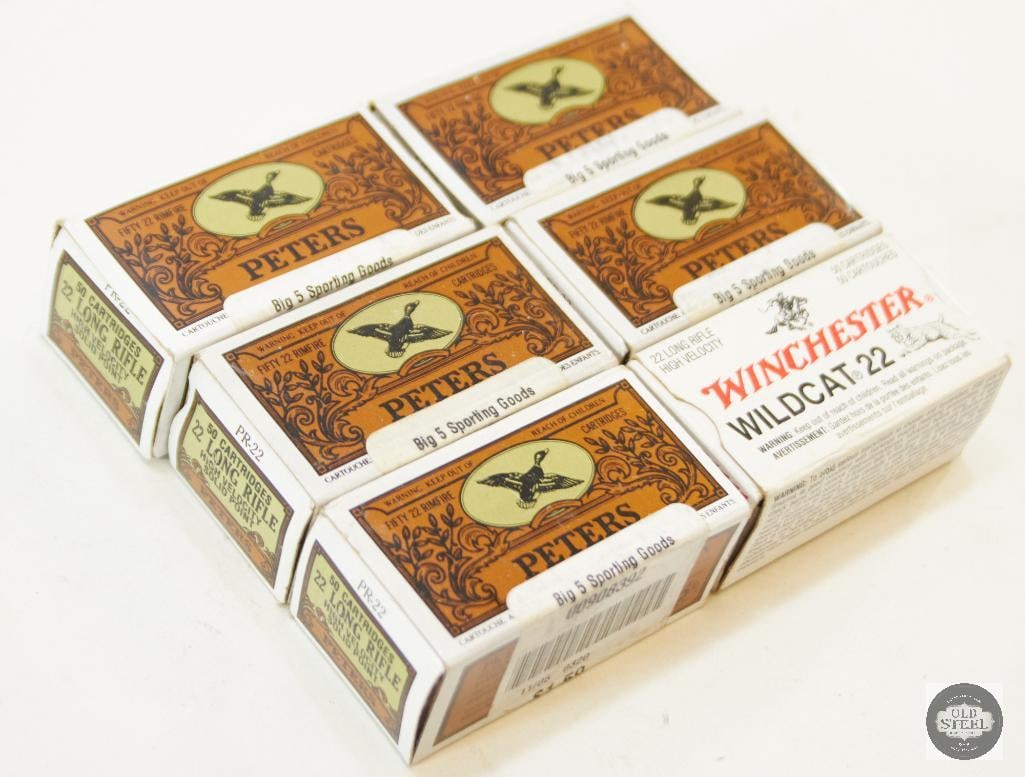 6 Boxes 22 LR Ammunition 300rds: 250 rds of Peters 22LR high velocity solid point ammo. 50 rds Winchester wildcat 22LR high velocity ammo. THIS ITEM IS AS PICTURED WITH NO FURTHER