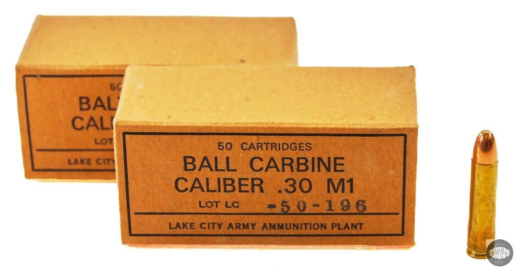 2 Boxes Lake City .30 Carbine FMJ Ammunition 100 Rounds: 2 boxes of Lake City manufactured .30 carbine FMJ ammunition. 100 rounds total. THIS ITEM IS AS PICTURED WITH NO FURTHER ATTACHMENTS. ALL SALES ARE FI