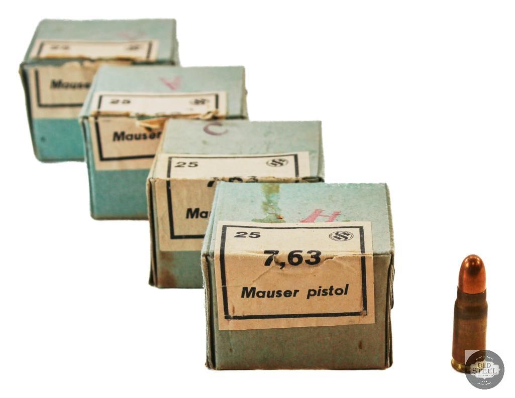 4 Boxes Sellier & Bellot 7.63 Mauser Pistol FMJ Ammunition 100 Rounds: 4 boxes of Sellier & Bellot 7.63 Mauser Pistol FMJ ammunition. Two unopened boxes. 100 rounds total. THIS ITEM IS AS PICTURED WITH NO FURTHER ATTA