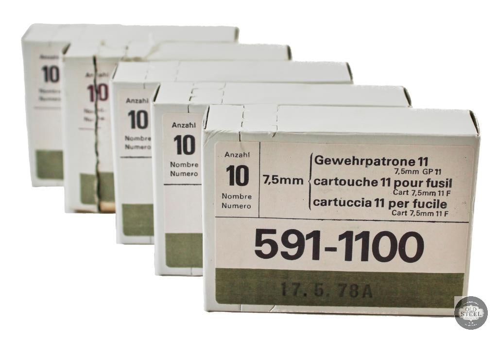 5 Boxes Swiss 7.5x55mm Ammunition 50 Rounds: 5 boxes of Swiss 7.5x55mm ammunition. Four boxes are unopened. 50 rounds total. THIS ITEM IS AS PICTURED WITH NO FURTHER ATTACHMENTS. ALL SALES ARE FI