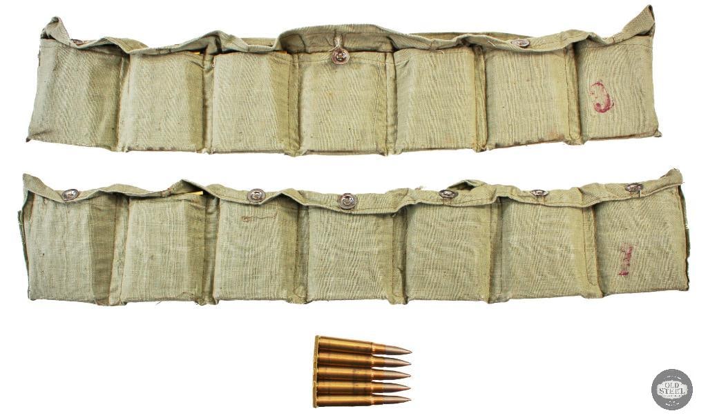 2 Bandoleers 8mm Mauser Stripper Clips FMJ Ammunition 140 Rounds: 2 bandoleers of 8mm Mauser FMJ ammunition loaded into stripper clips. 140 rounds total. THIS ITEM IS AS PICTURED WITH NO FURTHER ATTACHMENTS. ALL SALE
