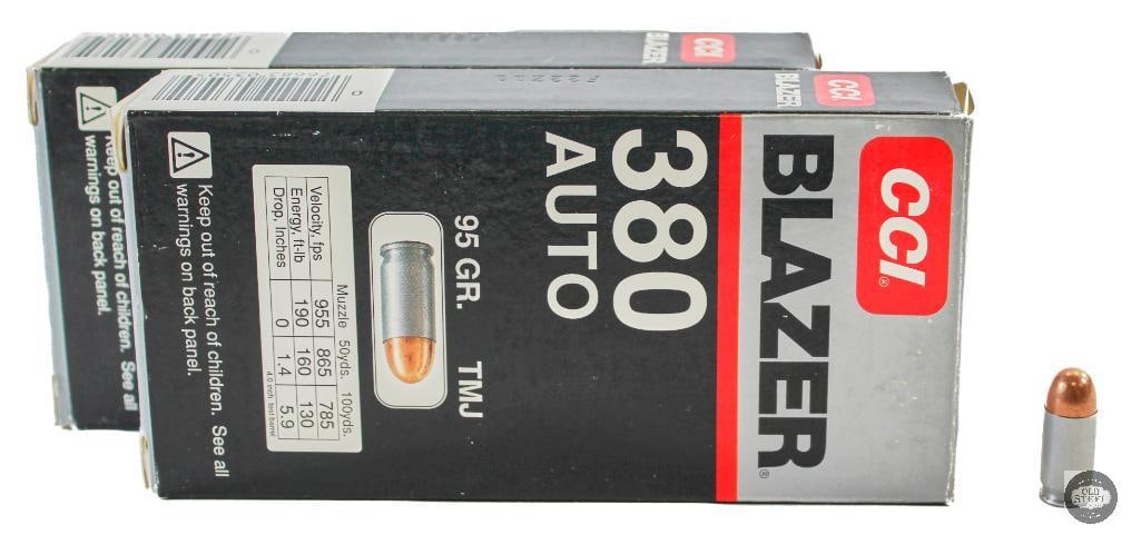 2 Boxes CCI Blazer 380 AUTO 95gr FMJ Aluminum Case Ammunition 100rds: 2 Boxes CCI Blazer 380 AUTO 95gr FMJ Aluminum Case Ammunition 100rds THIS ITEM IS AS PICTURED WITH NO FURTHER ATTACHMENTS. ALL SALES ARE FINAL. PLEASE