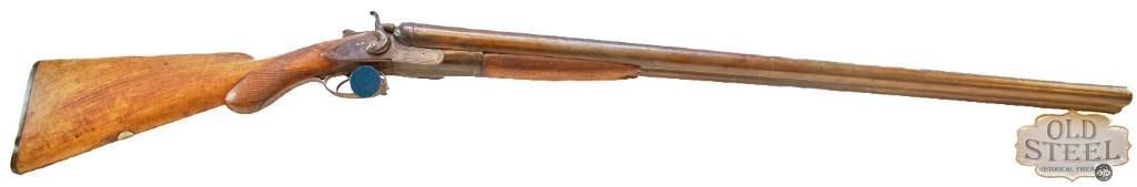 Antique J Monton Side by Side 10ga Shotgun: J Monton made side by side shotgun with 10ga bores. This antique has some expected wear and patina. Black powder barrels, not fit for modern rounds.&nbsp; &nbsp;