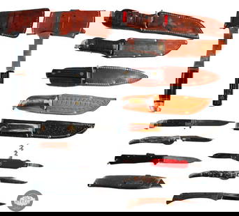 Assorted Fixed and Folding Blades and Two Small Hatchets: Assorted Fixed and Folding Blades and Two Small Hatchets &nbsp;  THIS ITEM IS AS PICTURED WITH NO FURTHER ATTACHMENTS. ALL SALES ARE FINAL. PLEASE REFER TO TH