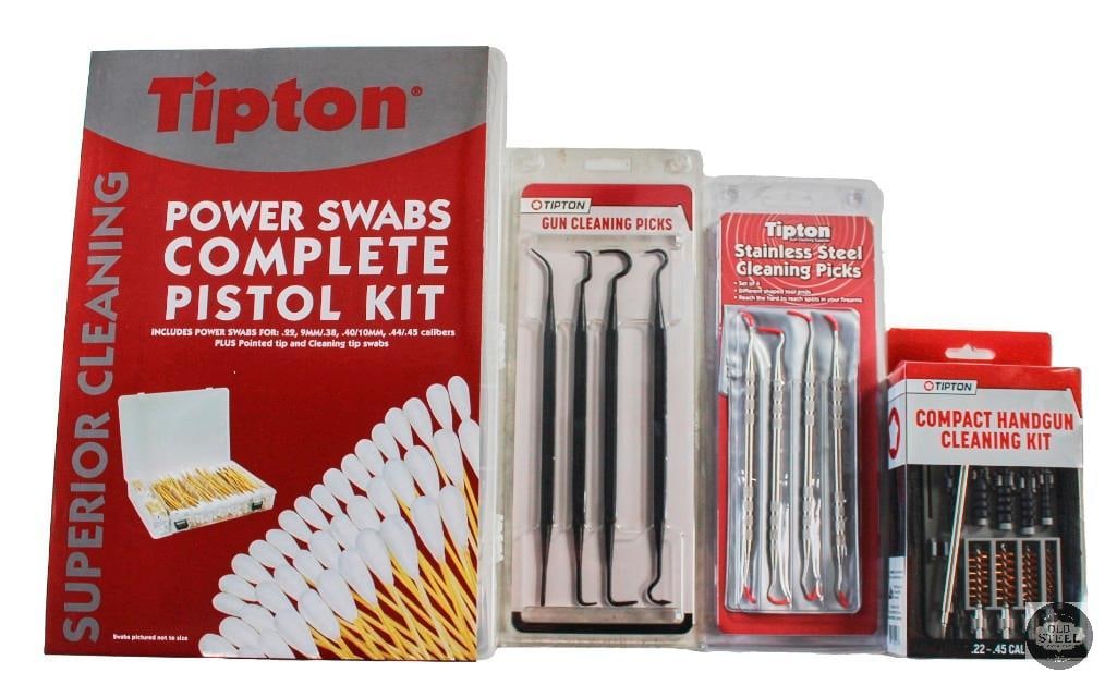 NEW Tipton Gun Cleaning Supplies: This lot contains a set of NEW in the box Tipton gun cleaning tools including: nylon and steel picks, 22-45 caliber cleaning brushes/jags and an assortment of various sized wood handled cotton swabs.&