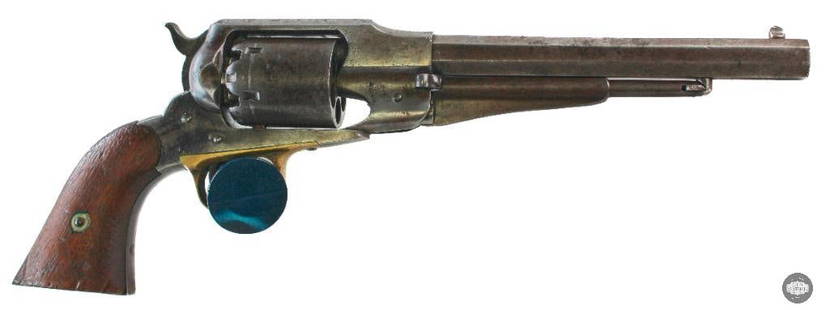Remington 1858 New Model Army Antique Revolver 44 Caliber: For this lot we have an antique Remington New Model Army 44 caliber percussion revolver. Patina adorns the metal and some light surface wear is present on the grip. The left grip panel still has the c