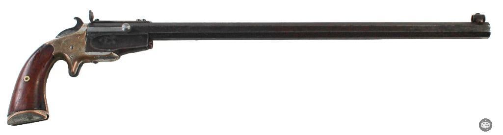 Frank Wesson 1870 Pocket Rifle Antique 22 Caliber: Up for auction is a Frank Wesson 1870 Pocket Rifle antique 22 caliber pistol. Patina is present on this piece. The stock attachment is missing. THIS ITEM IS AS PICTURED WITH NO