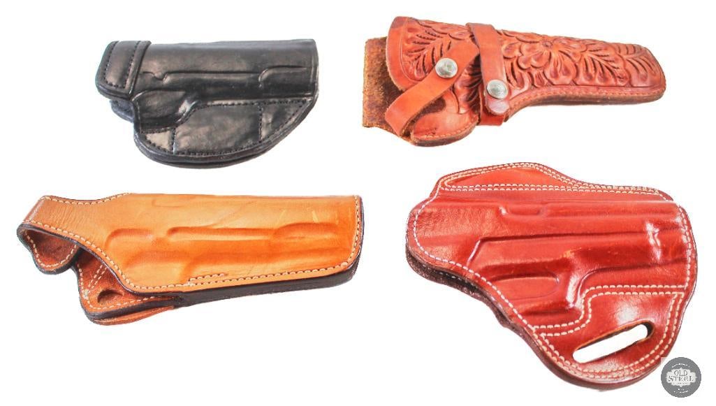 Lot of 4 Leather Pistol Holsters: 4 leather holsters. -Ross South African SIG 220 open muzzle -Bianchi 111 Cyclone Colt 45 Auto 5 Inch open muzzle -Hunter 3100-40 Hand Carved 5 inch barrel closed muzzle revolver -Unmarked 