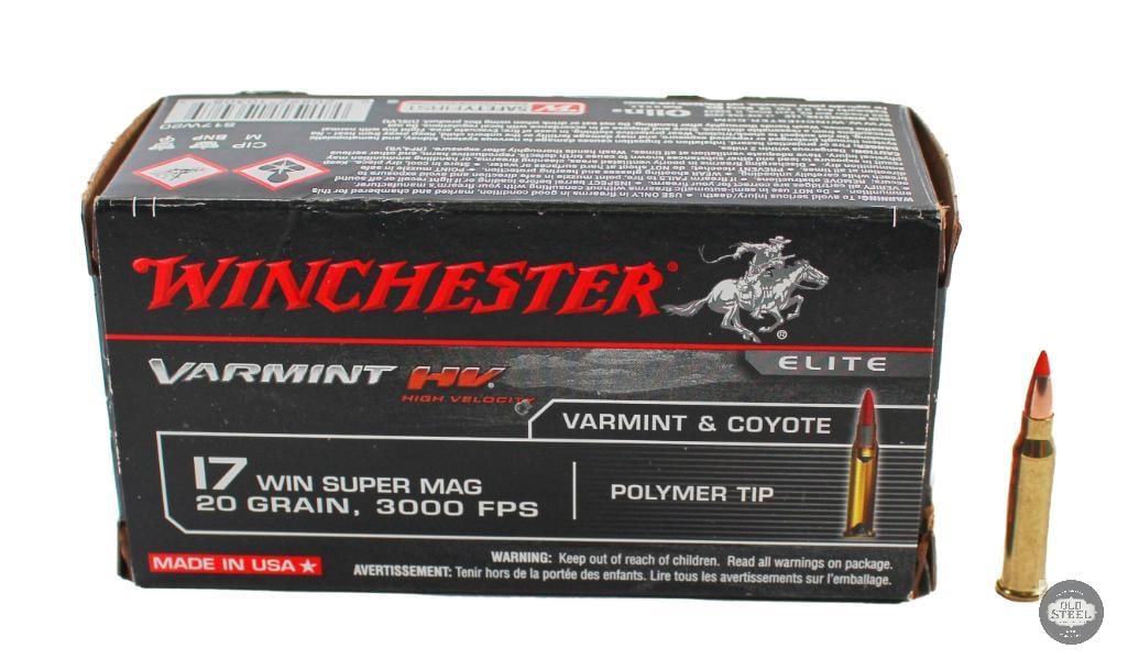 Box of Winchester Varmint HV 17 WIN SUPER MAG 20gr Polymer Tip Ammunition - 50rds: Box of Winchester Varmint HV 17 WIN SUPER MAG 20gr Polymer Tip Ammunition - 50rds H5xW2xD2.5 THIS ITEM IS AS PICTURED WITH NO FURTHER ATTACHMENTS. ALL SALES