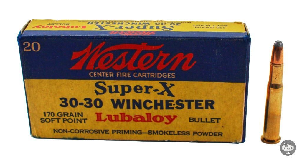 Vintage Box Western Super-X 30-30 WIN 170gr SP Lubaloy Ammunition - 20rds: Vintage Box Western Super-X 30-30 WIN 170gr SP Lubaloy Ammunition - 20rds 5.25 x 2.75 x 1.25 THIS ITEM IS AS PICTURED WITH NO FURTHER ATTACHMENTS. ALL SALES