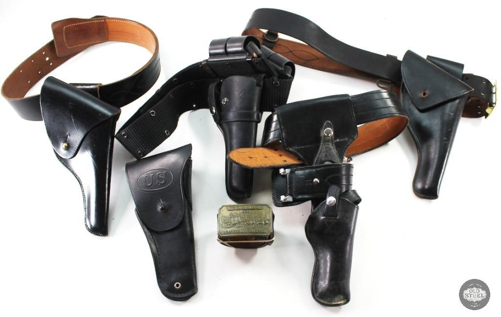 Various Gun Belts with Holsters: Mixed lot of gun belts with attached holsters in black leather. THIS ITEM IS AS PICTURED WITH NO FURTHER ATTACHMENTS. ALL SALES ARE FINAL. PLEAS