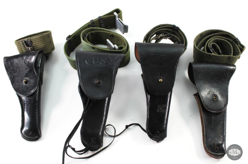 Lot of 4 US Army Pistol Belts with Black 1911 Holsters: Lot of 4 US Army Pistol Belts with Black 1911 Holsters. One has plastic buckle hardware with a nylon belt. THIS ITEM IS AS PICTURED WITH NO FURT