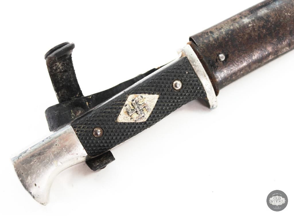 Hitler Youth Knife and Scabbard WWII German: Up next is a Hitler Youth (HJ) knife with its scabbard. Patina adorns the blade and scabbard. Consider bidding today and add this piece of history to your collection! 
