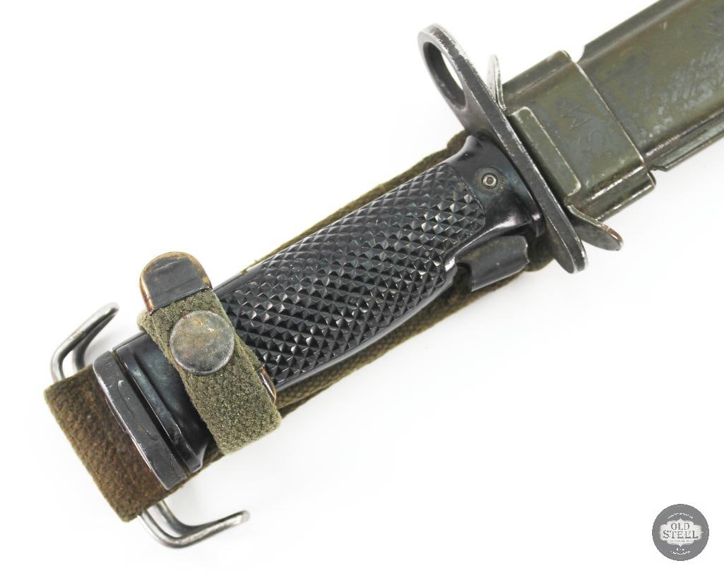 Vietnam War Era US M6 Aerial Bayonet and BM Co M8 Scabbard: Offered is a US M6 bayonet for the M14 by Aerial. It comes with an M8 scabbard by BM Co. Vietnam War era bayonet. THIS ITEM IS AS PICTURED WITH NO FUR