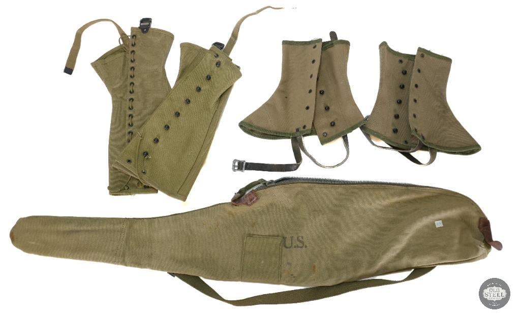 US Issued Canvas Gear Lot Gaiters + Rifle Case: U.S. M-1938 Canvas Leggings.x2 U.S. Gaiters, Ski, Large Tweedie Footwear Corporation 1-9-45 x1 U.S. WWII Canvas Rifle/Carbine Case (1944 manufacture) x1 