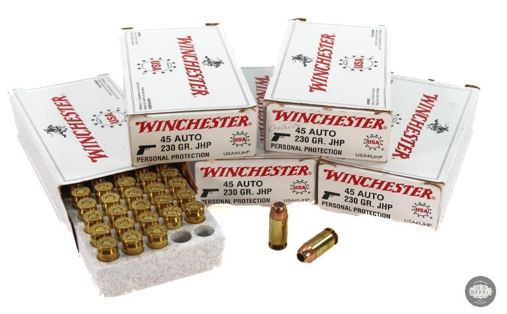 5 Boxes Winchester 45 ACP 230gr jhp Ammunition 220 rds: 5 Boxes Winchester 45 ACP 230gr jhp Ammunition 220 rds One box partial box of 20 rds THIS ITEM IS AS PICTURED WITH NO FURTHER ATTACHMENTS. ALL SAL