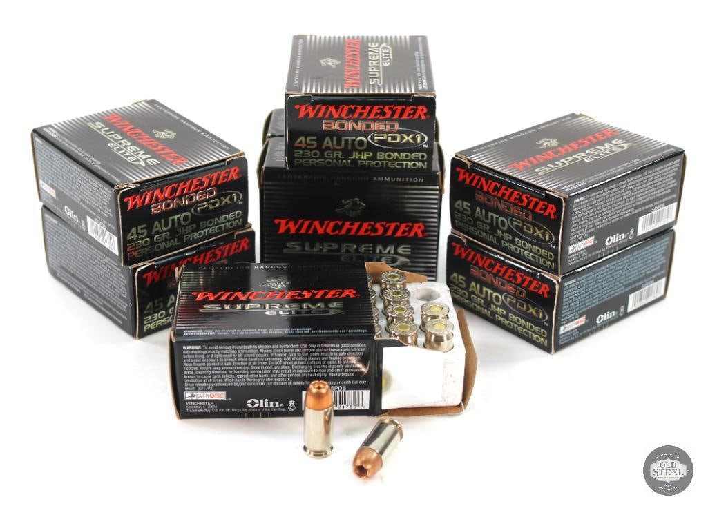 8 Boxes Winchester 45Auto 230gr. JHP Bonded Ammunition-150rds: 8 Boxes Winchester 45Auto 230gr. JHP Bonded Ammunition-150rds One Box is a Partial THIS ITEM IS AS PICTURED WITH NO FURTHER ATTACHMENTS. ALL