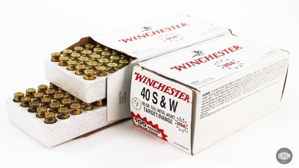 2 Boxes Winchester 40 S&W 165gr FMJ Amunition-200rds: 2 Boxes Winchester 40 S&W 165gr FMJ Amunition-200rds THIS ITEM IS AS PICTURED WITH NO FURTHER ATTACHMENTS. ALL SALES ARE FINAL. PLEASE REFER TO TH