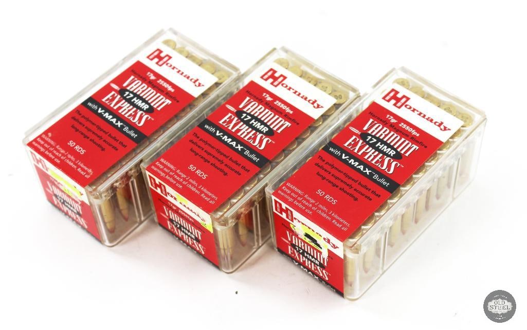 3 Boxes Hornady 17HMR 17gr V-Max Ammunition-150rds: 3 Boxes Hornady 17HMR 17gr V-Max Ammunition-150rds THIS ITEM IS AS PICTURED WITH NO FURTHER ATTACHMENTS. ALL SALES ARE FINAL. PLEASE REFER TO THE AUCT