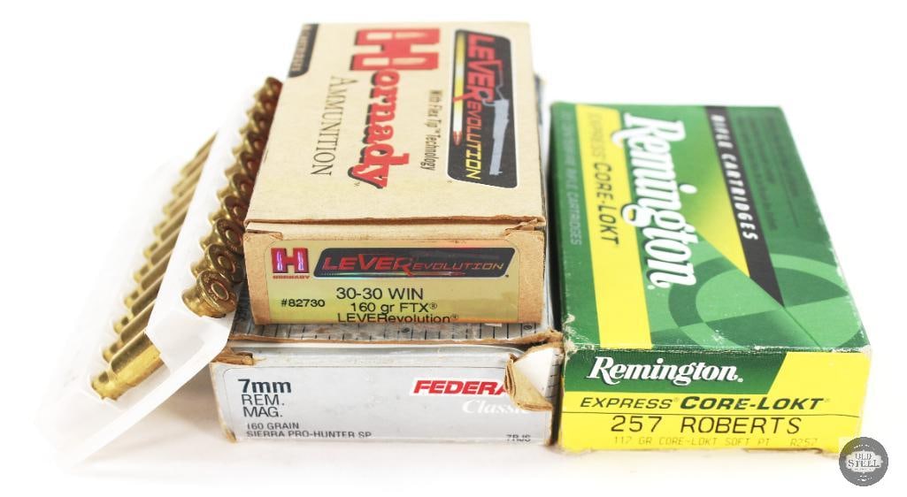 3 Assorted Boxes of Ammo 30-30, 257 Roberts,7mm Rem Mag Ammunition- 60 rds: 3 Assorted Boxes of Ammo 30-30, 257 Roberts,7mm Rem Mag Hornady 30-30 Win 160gr. Leverevolution Remington 257 Roberts 117gr. Core-Lokt soft pt Federal Classic 7mm REM MAG 160 gr. Sierra Hu