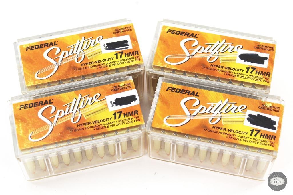 4 Boxes Federal Spitfire 17HMR 17gr V-Max Ammunition- 200rds: 4 Boxes Federal Spitfire 17HMR 17gr V-Max Ammunition- 200rds THIS ITEM IS AS PICTURED WITH NO FURTHER ATTACHMENTS. ALL SALES ARE FINAL. PLEASE REFER T