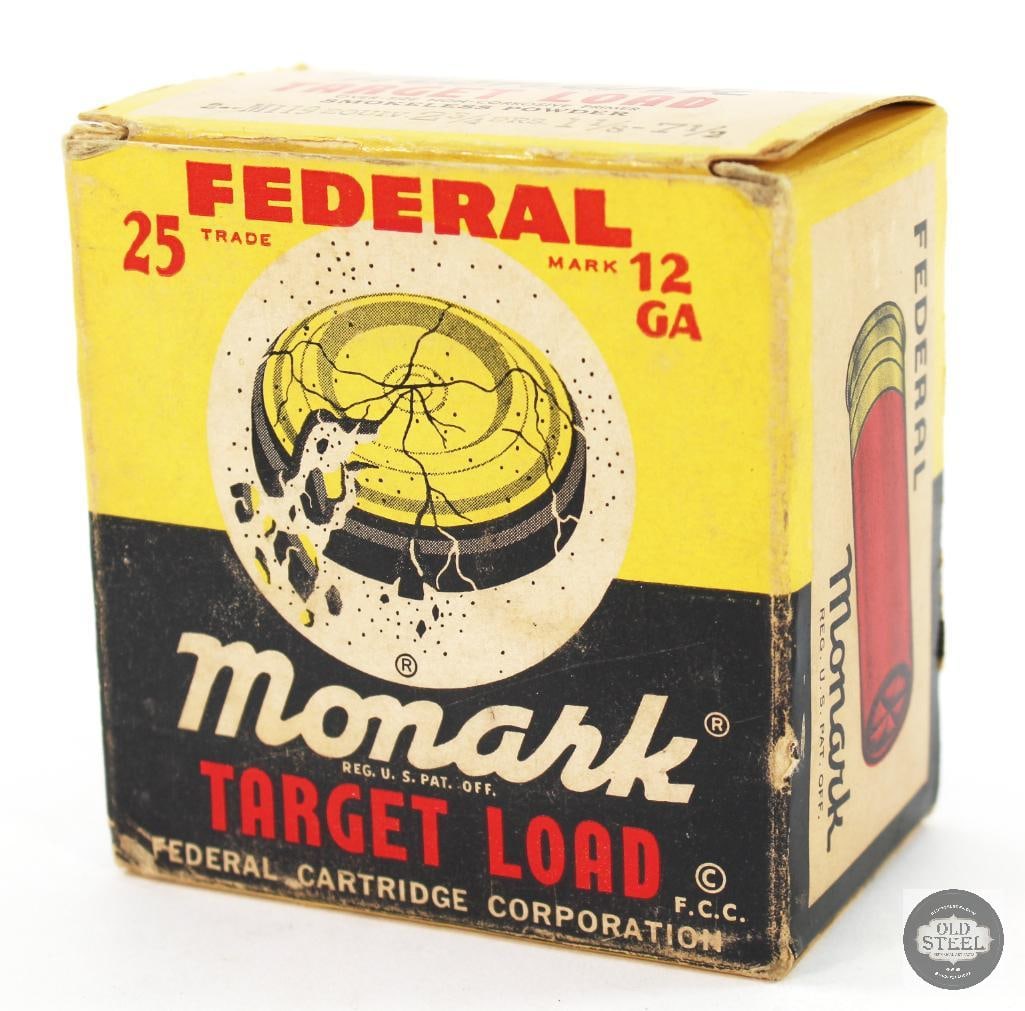 Vintage Box Federal Monark Target Load 12 GA 2 3/4" Ammunition-25 shells: Vintage Box Federal Monark Target Load 12 GA 2 3/4" Ammunition-25 shells THIS ITEM IS AS PICTURED WITH NO FURTHER ATTACHMENTS. ALL SALES ARE FINAL. PL